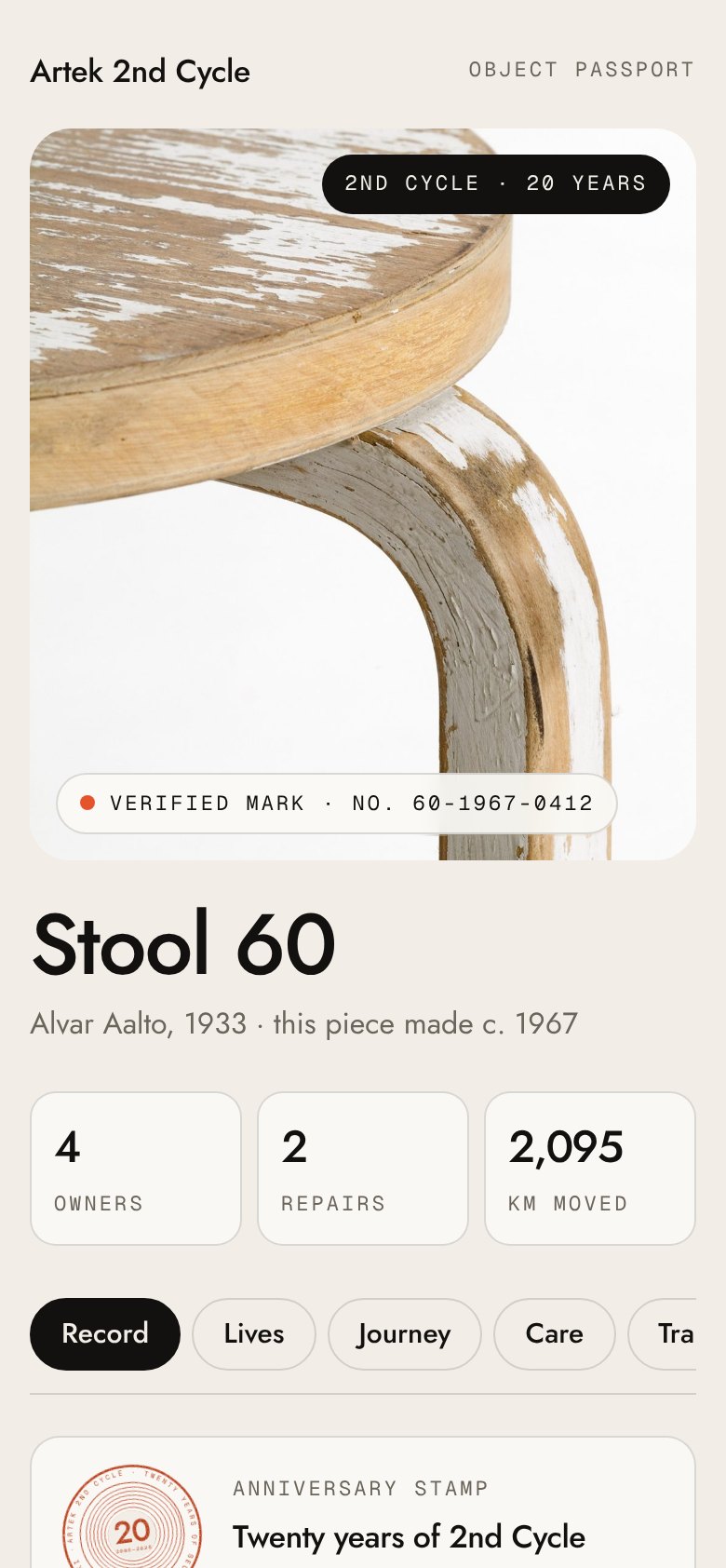 The passport: Stool 60, 4 owners, 2 repairs, 2,095 km