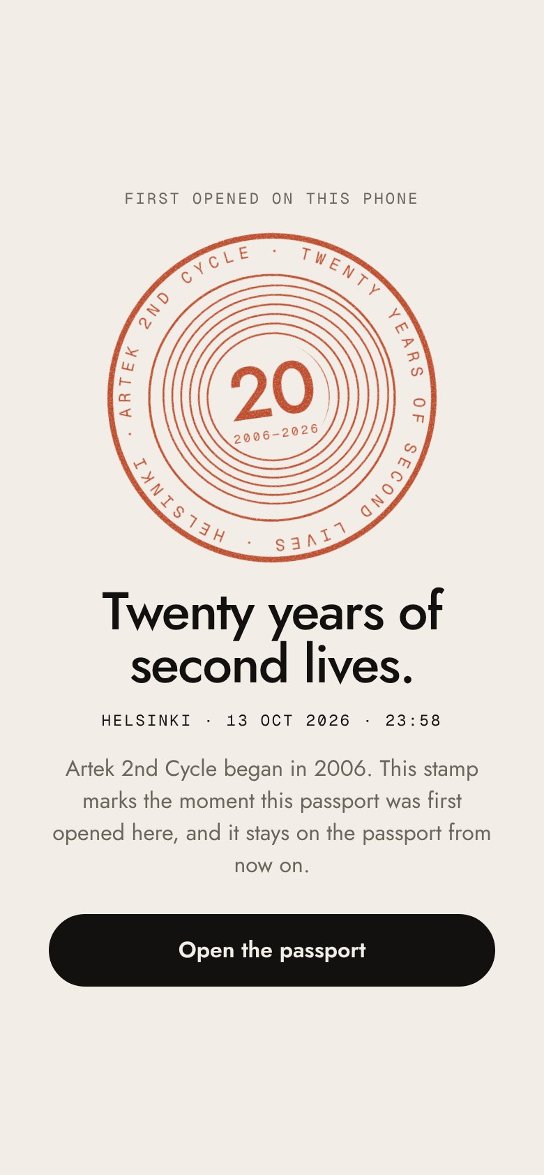 The first tap: an anniversary stamp, twenty years of 2nd Cycle, dated to the minute